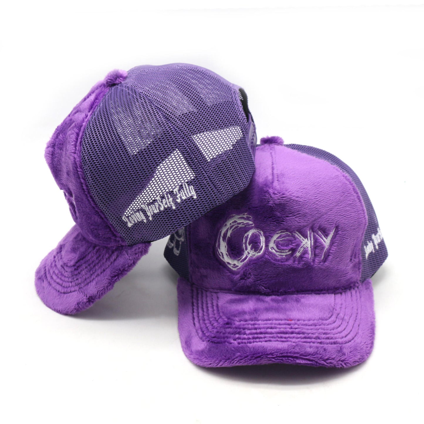 COCKY FUZZY EMBROIDERED TRUCKER HAT