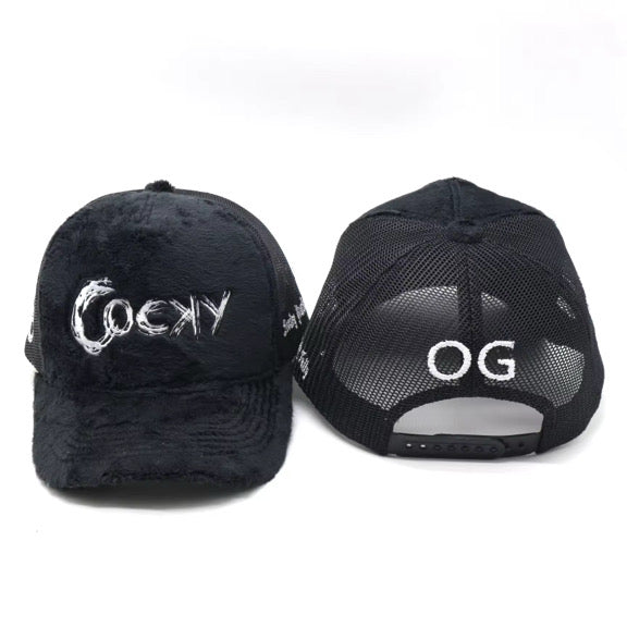 COCKY FUZZY EMBROIDERED TRUCKER HAT