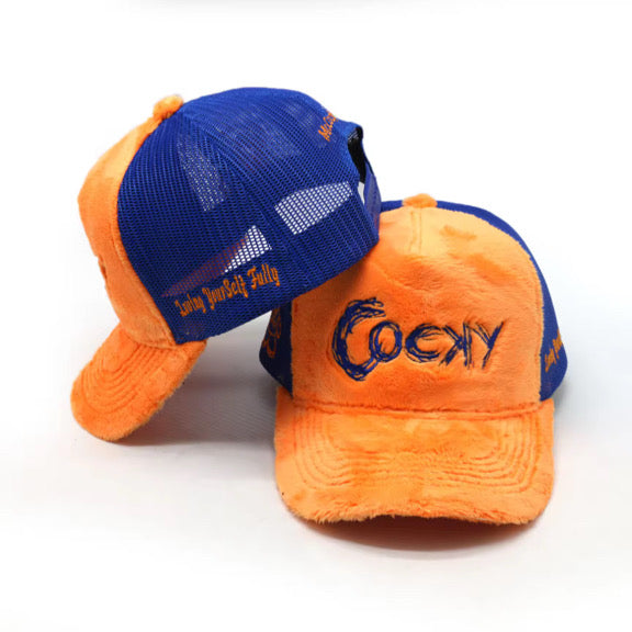 COCKY FUZZY EMBROIDERED TRUCKER HAT