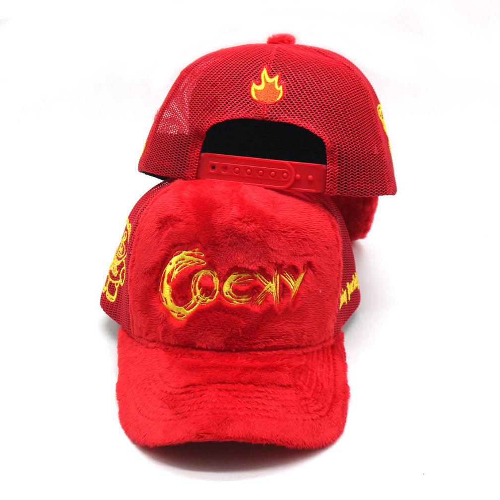 COCKY FUZZY EMBROIDERED TRUCKER HAT