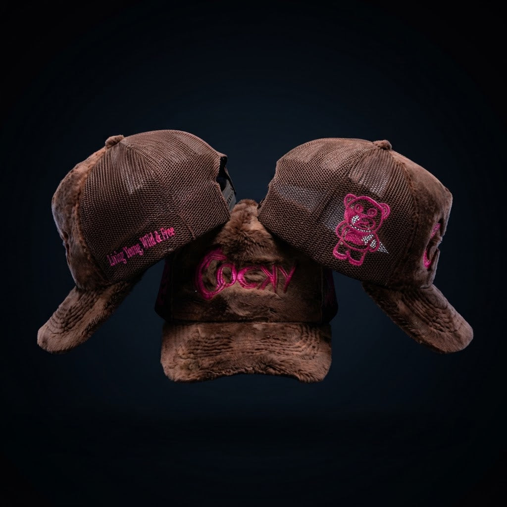 COCKY FUZZY EMBROIDERED TRUCKER HAT