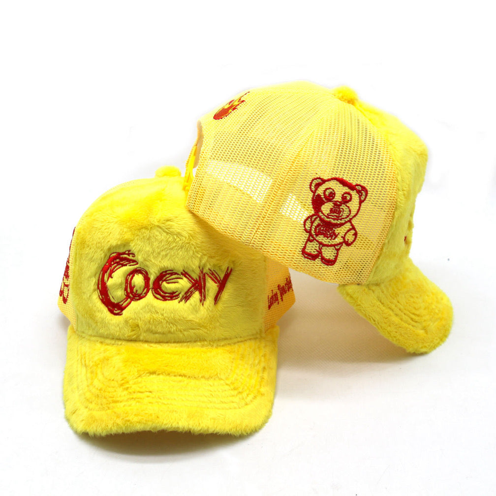 COCKY FUZZY EMBROIDERED TRUCKER HAT