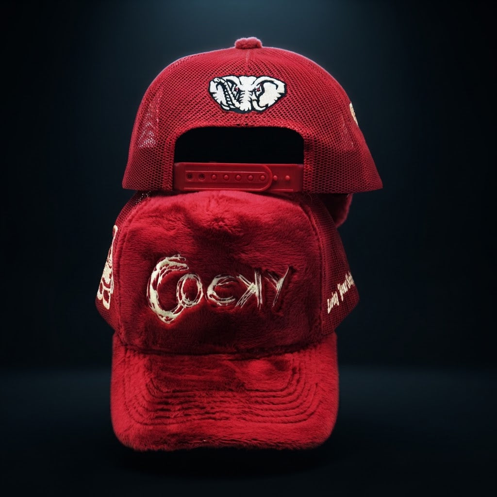 COCKY FUZZY EMBROIDERED TRUCKER HAT