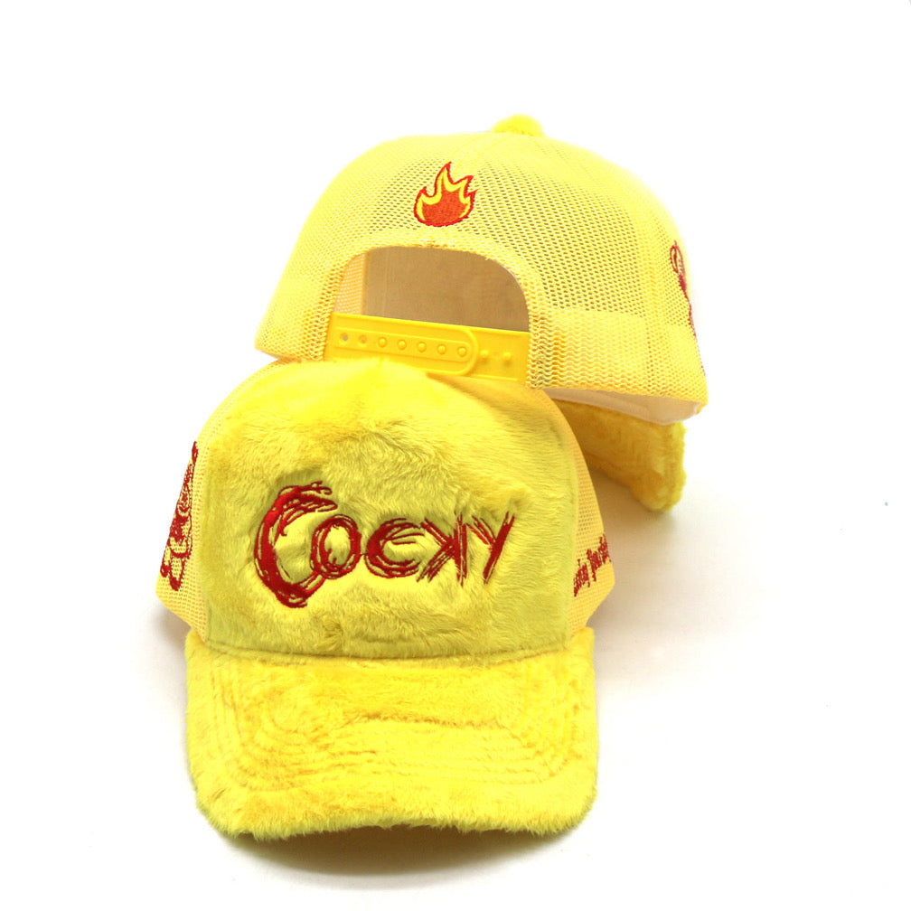 COCKY FUZZY EMBROIDERED TRUCKER HAT