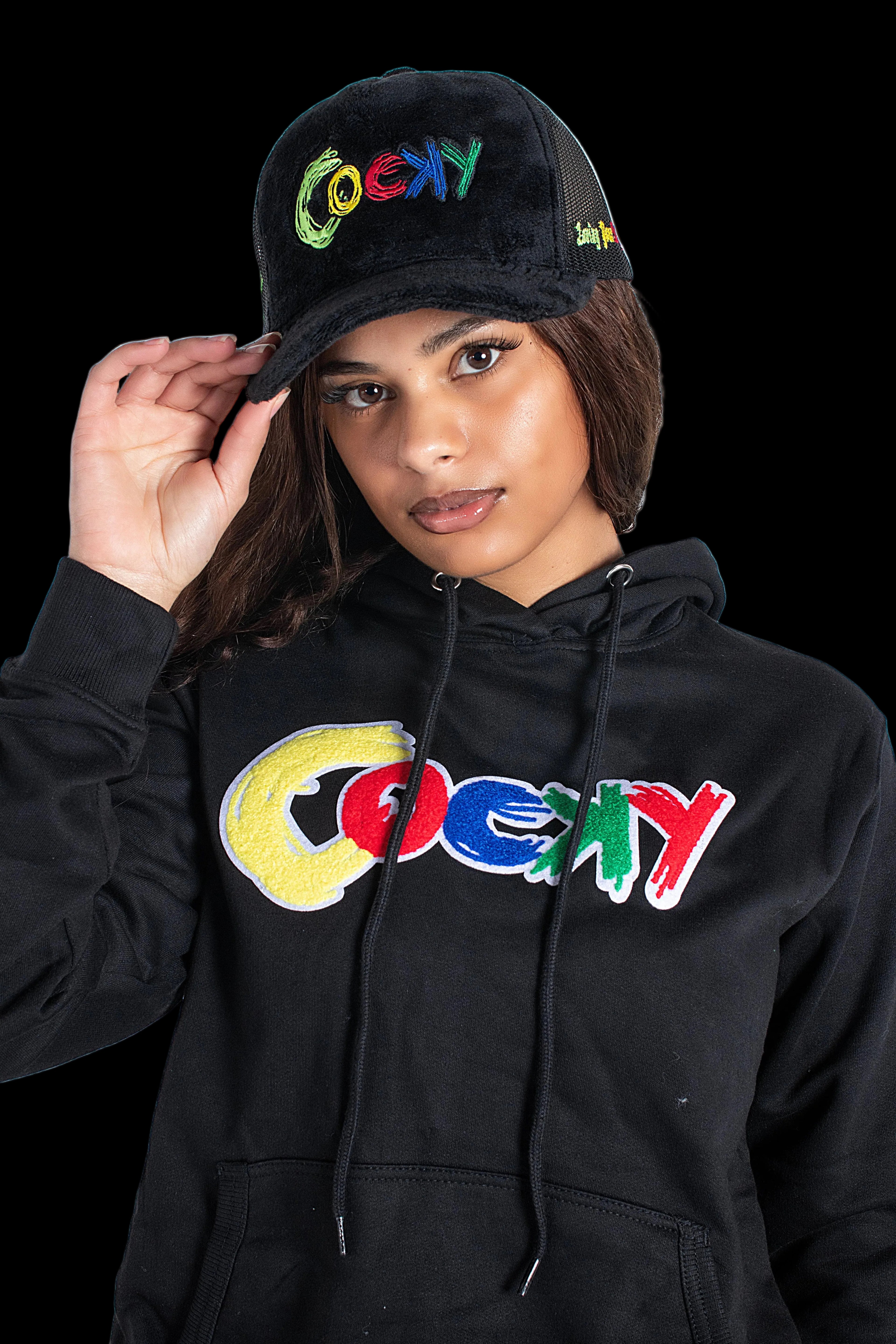 COCKY FUZZY EMBROIDERED TRUCKER HAT