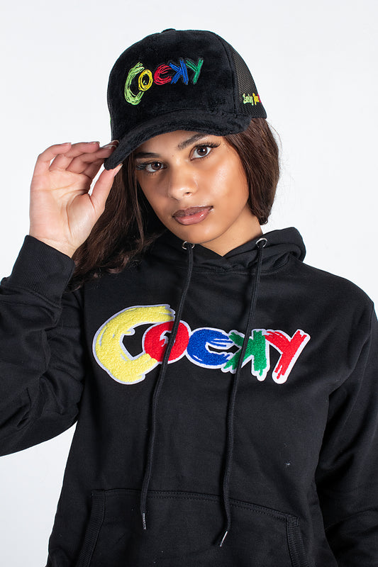 COCKY FUZZY EMBROIDERED TRUCKER HAT