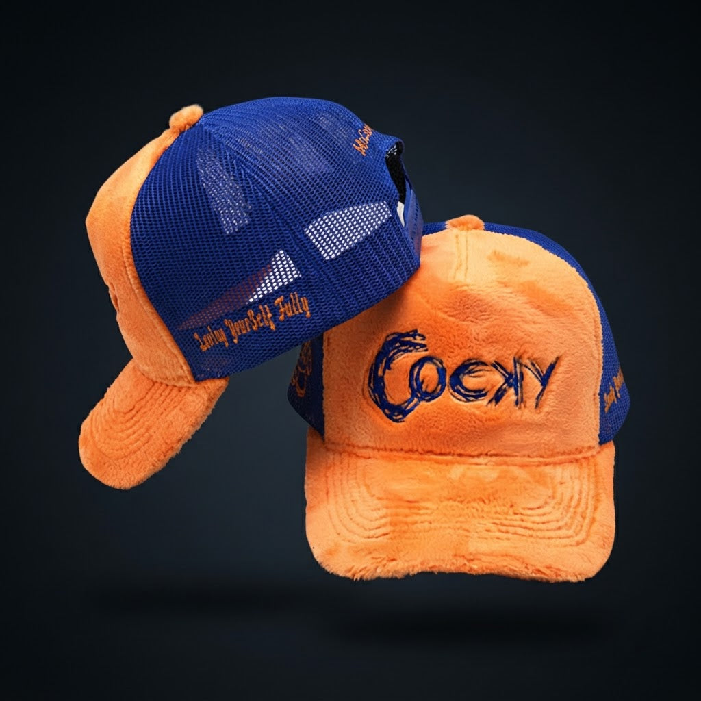 COCKY FUZZY EMBROIDERED TRUCKER HAT