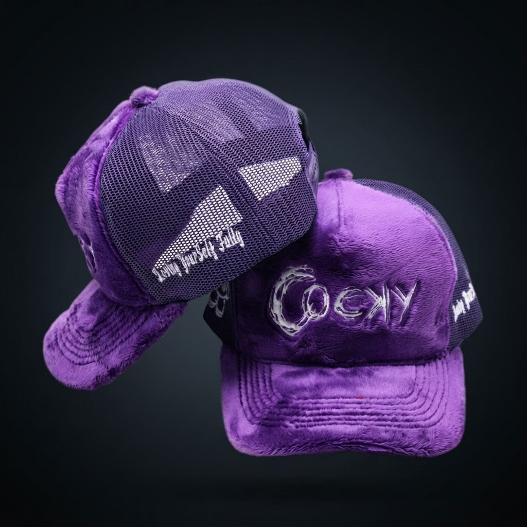 COCKY FUZZY EMBROIDERED TRUCKER HAT