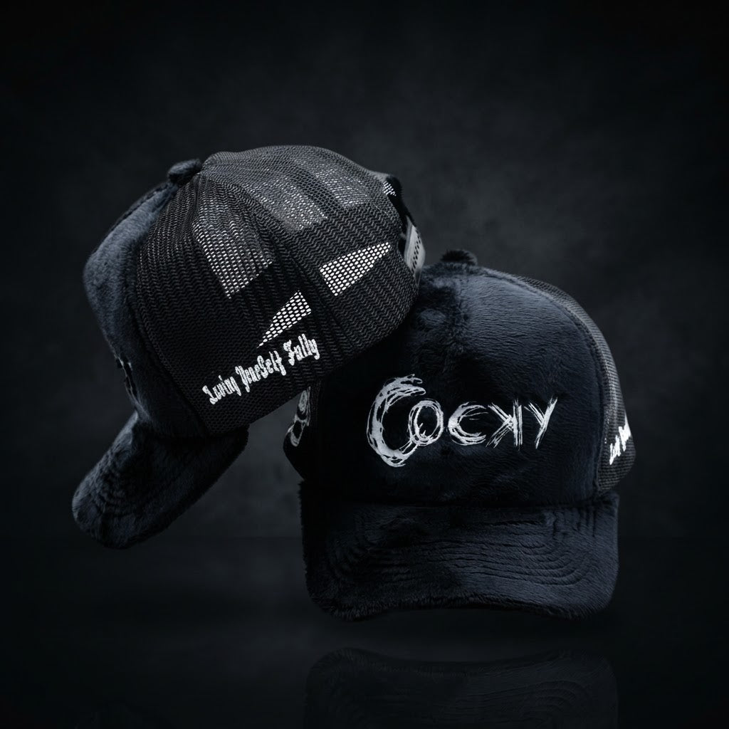COCKY FUZZY EMBROIDERED TRUCKER HAT