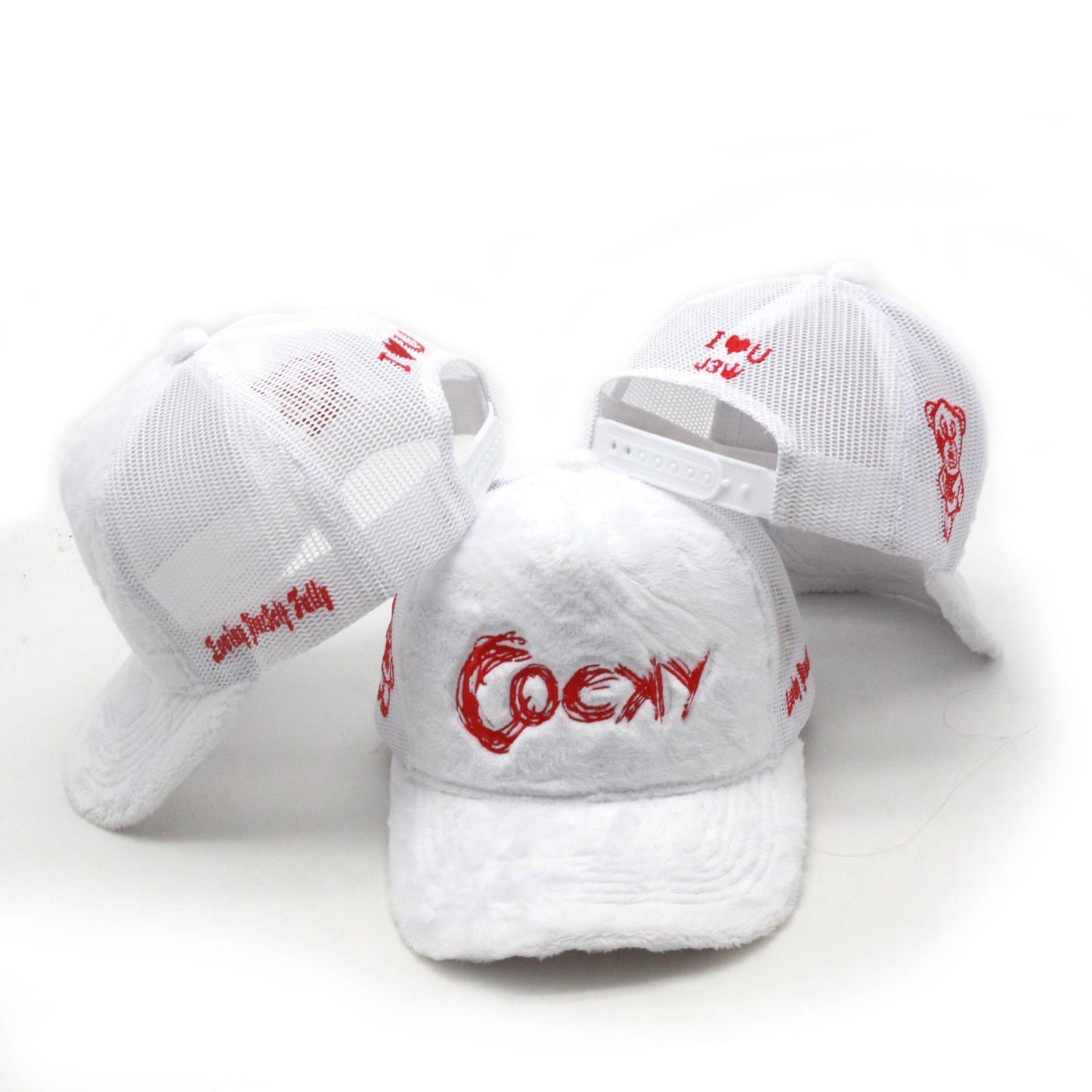 COCKY FUZZY EMBROIDERED TRUCKER HAT