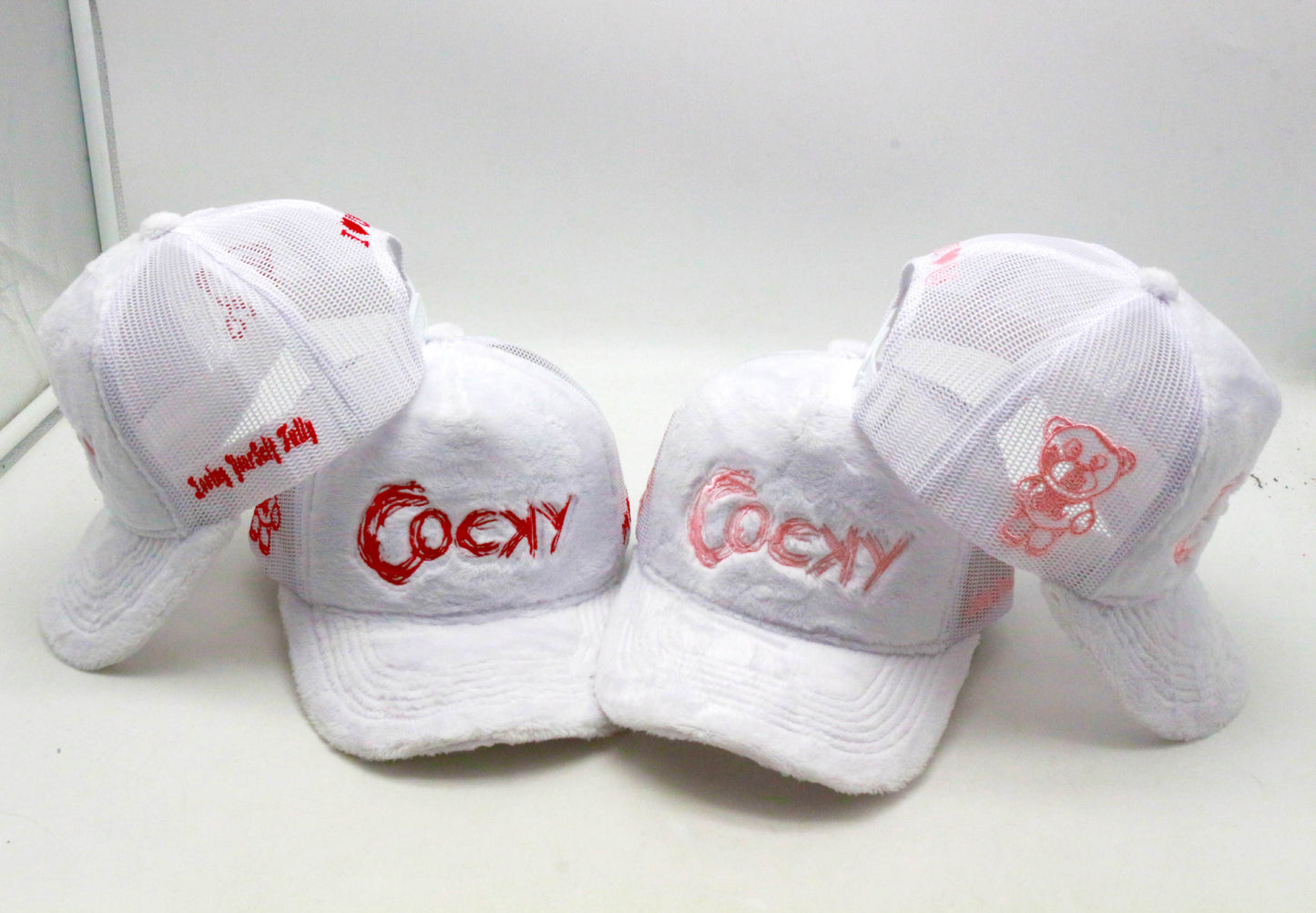 COCKY FUZZY EMBROIDERED TRUCKER HAT